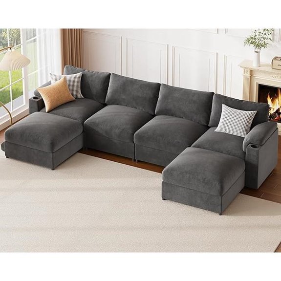 U-Shaped Velvet Sectional Couch with Cup Holders