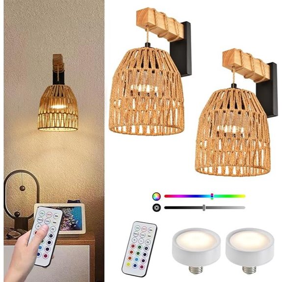 Battery Operated Rattan Wall Sconce Set with Remote