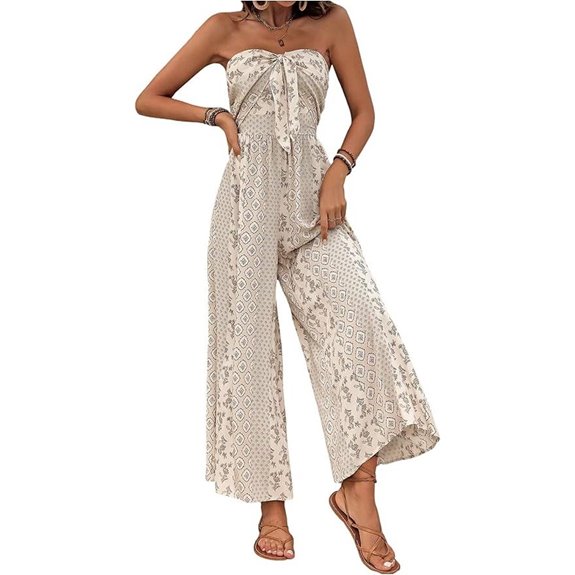 WDIRARA Women's Boho Strapless Wide-Leg Jumpsuit
