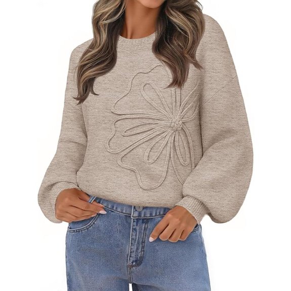 MEROKEETY Women's Cozy Floral Crew Neck Sweater
