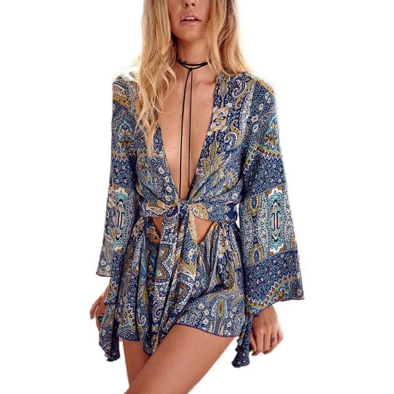 AELSON Women's Boho V Neck Print Romper Playsuit With Long Flare Sleeves