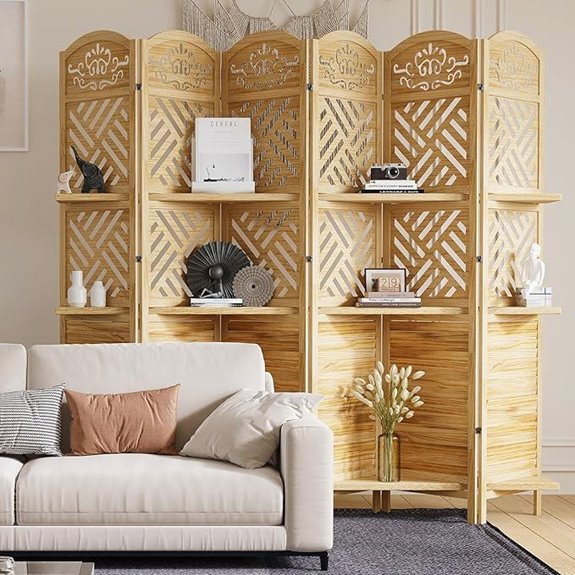 Wood Room Divider with Shelves 6-Panel Folding Screen