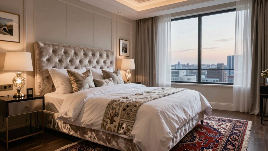 luxurious bedding and lighting