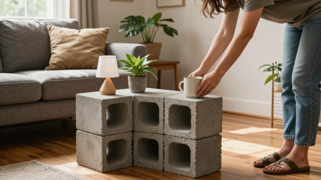 Man Uses Concrete Blocks As A Savvy Alternative To An End Table