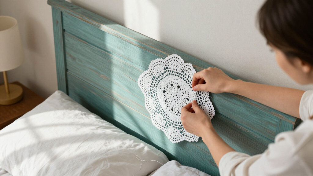 She Uses Doilies To Decorate A Headboard With Vintage Charm